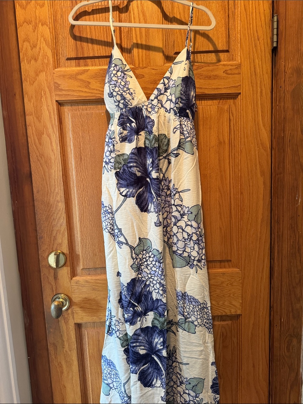 White & Blue Floral V-Neck Maxi Dress